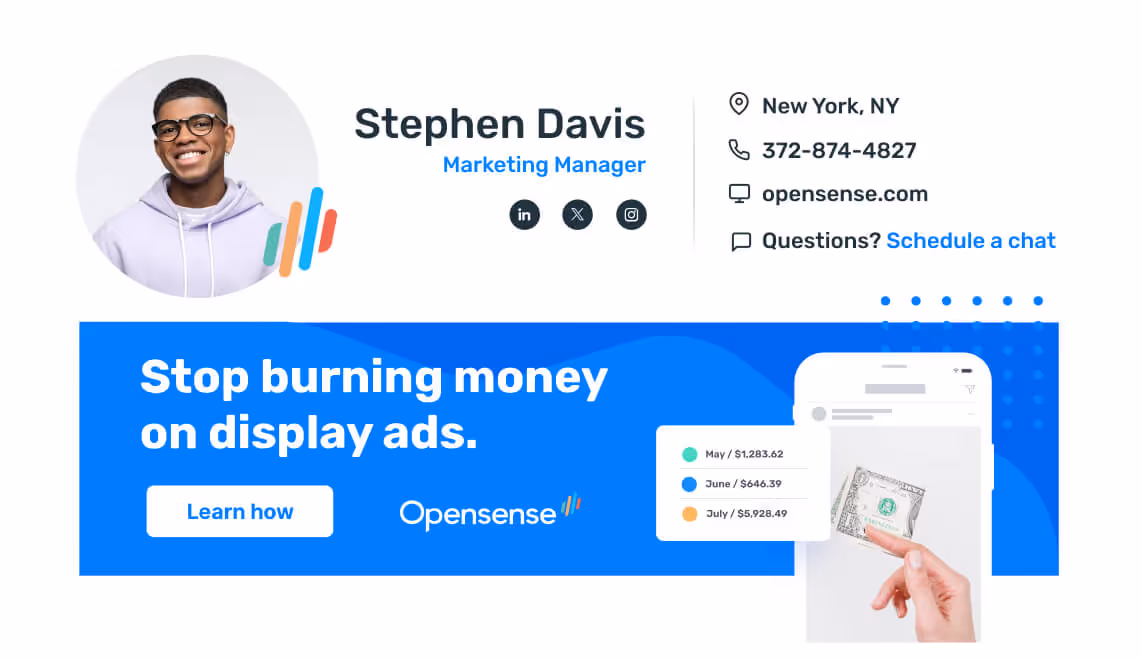 Professional email signature for Stephen Davis, Marketing Manager, with contact details, social links, and a banner ad reading ‘Stop burning money on display ads’ with a Learn More button.