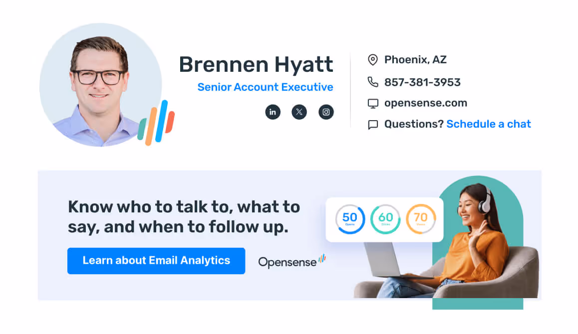 Professional email signature for Brennen Hyatt, Senior Account Executive at Opensense, with contact details, social links, and a promotional banner about Email Analytics that helps identify who to contact, what to say, and when to follow up