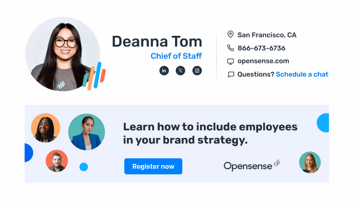 Professional email signature for Deanna Tom, Chief of Staff at Opensense, with contact details, social links, and a banner promoting a webinar on including employees in brand strategy with a Register Now button.