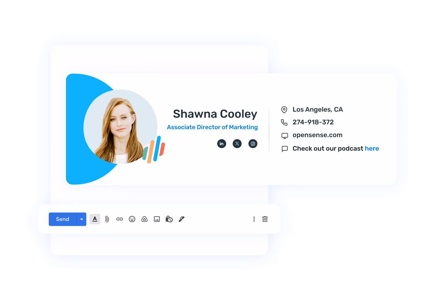 Professional email signature for Shawna Cooley, Associate Director of Marketing, with photo, contact details, social links, and promotional link, showing branded email signatures for consistent communication.