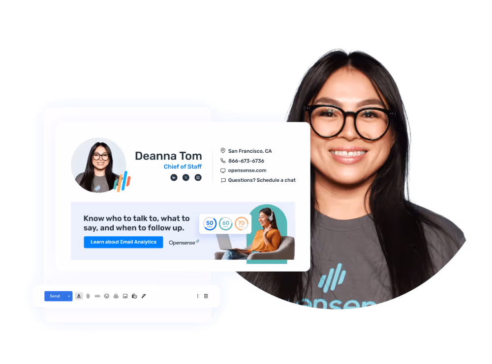 Professional woman smiling next to an email signature example featuring her name, title, photo, contact information, social media icons, and a branded Opensense banner promoting email analytics