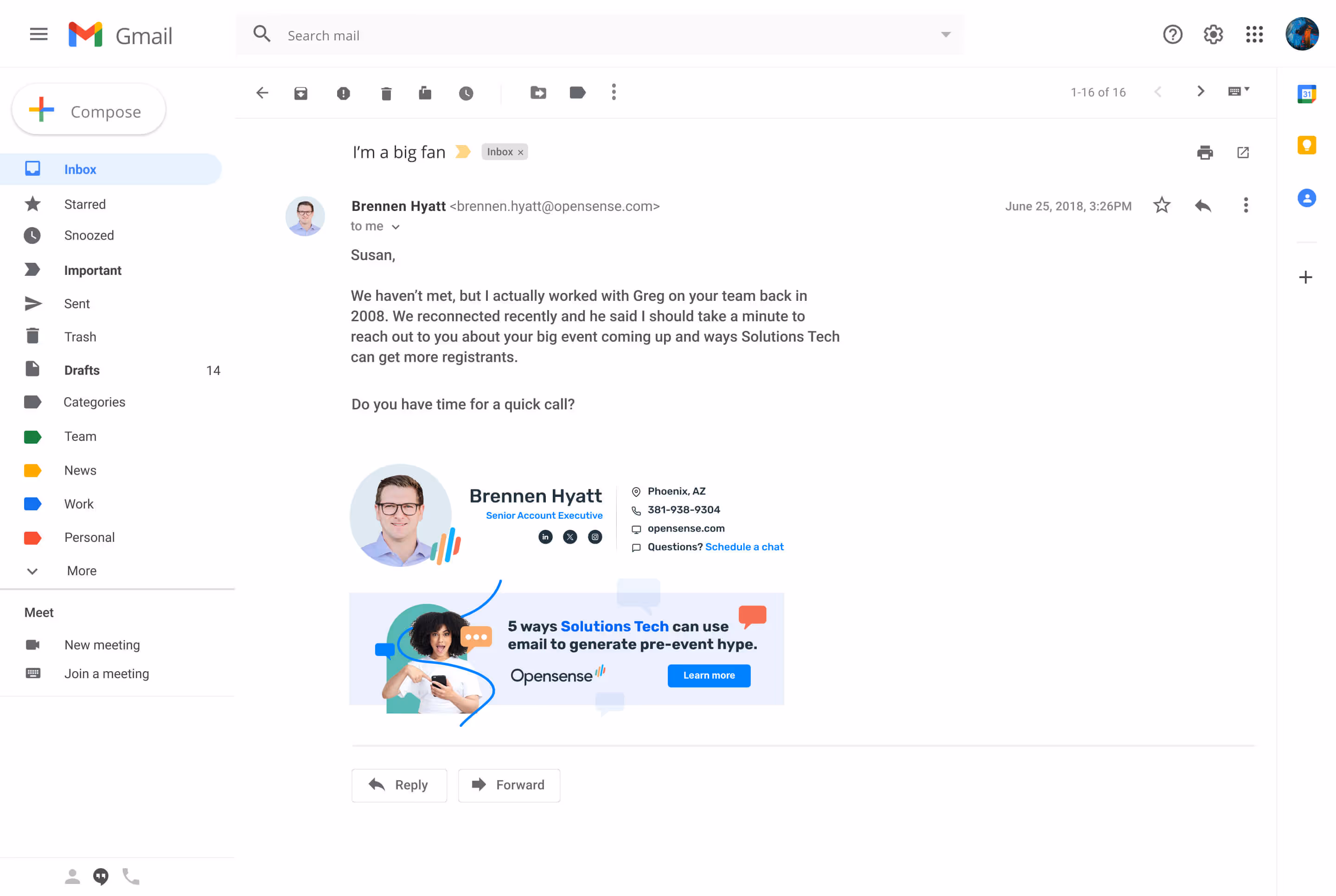 Gmail inbox showing an email from Brennen Hyatt, Senior Account Executive at Opensense, to an employee at Solutions Tech with a professional email signature and banner promoting ‘5 ways Solutions Tech can use email to generate pre-event hype.’