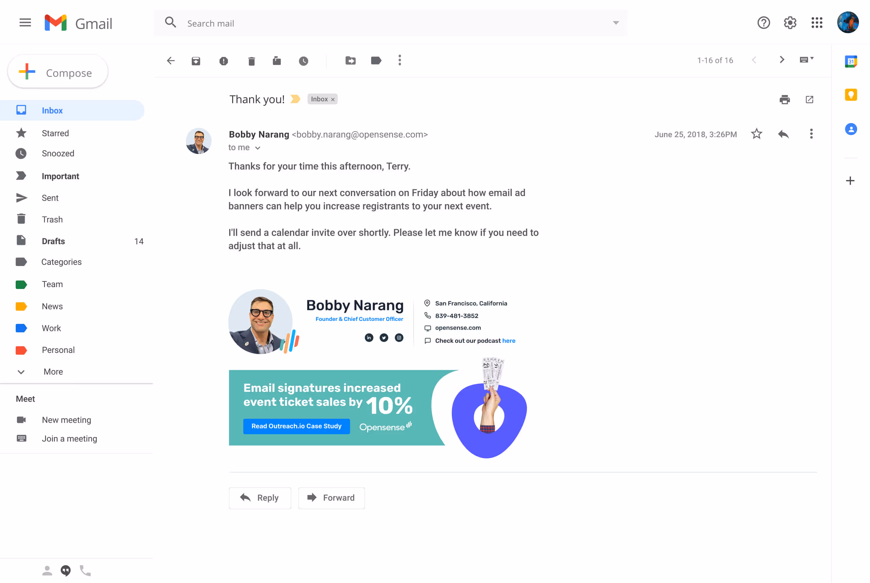 Gmail email from Bobby Narang, Founder and Chief Customer Officer at Opensense, to a prospect recipient featuring a professional email signature and banner ad stating ‘Email signatures increased event ticket sales by 10%’ with a link to read the Outreach.io case study.