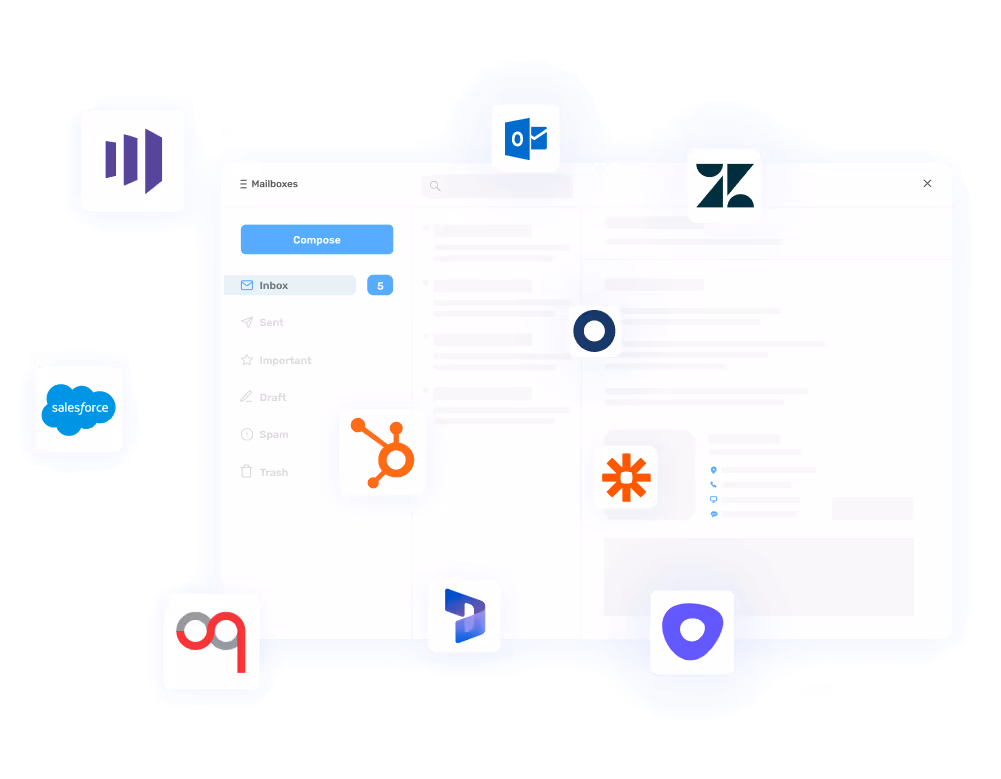 Opensense email dashboard surrounded by integration icons for Salesforce, HubSpot, Marketo, Outlook, Zendesk, Zapier, and other business tools, representing seamless CRM and marketing platform connectivity.