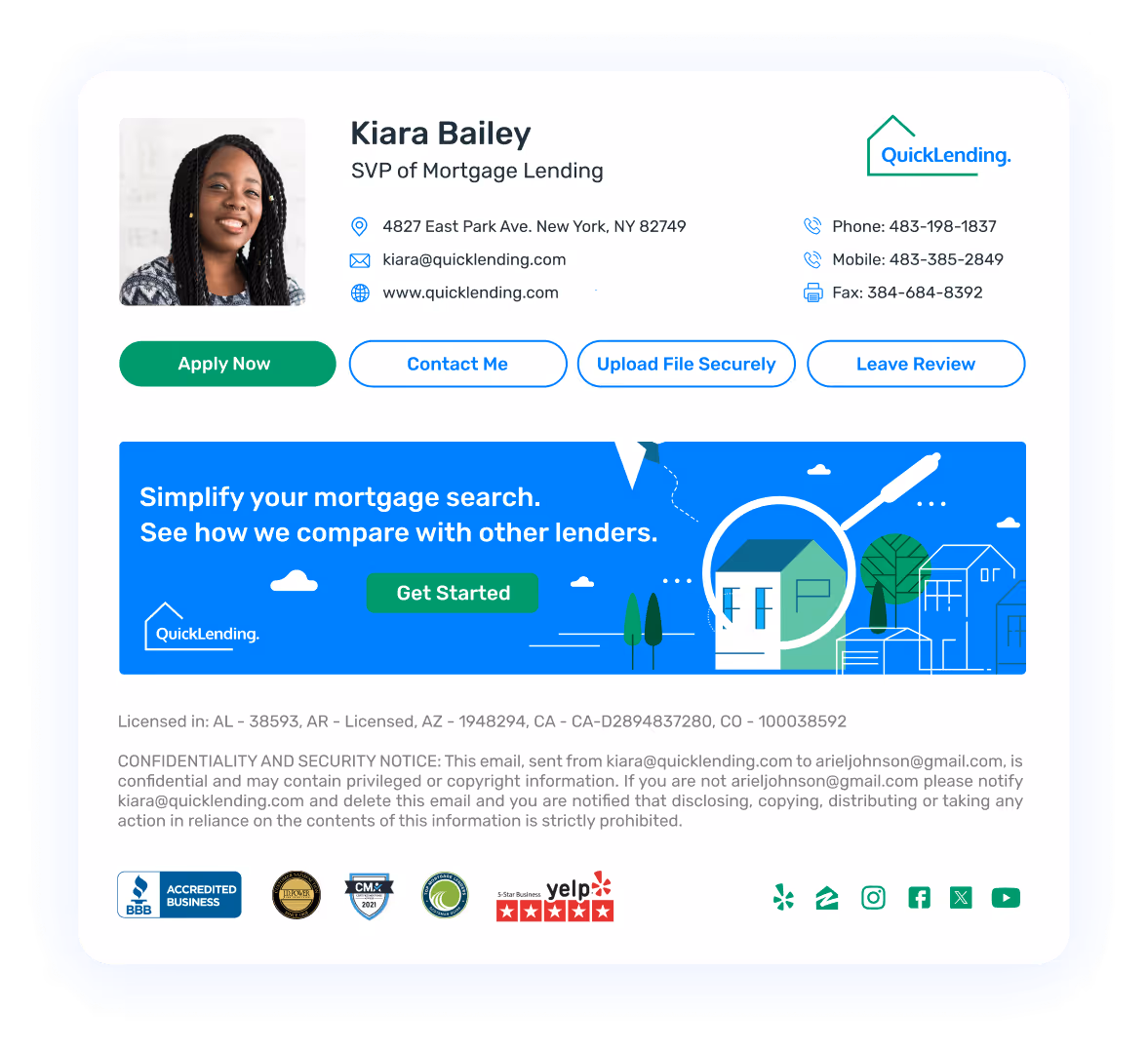 QuickLending email signature for Kiara Bailey, SVP of Mortgage Lending, featuring contact details, compliance information, and a banner encouraging users to compare mortgage rates and simplify their home loan search.