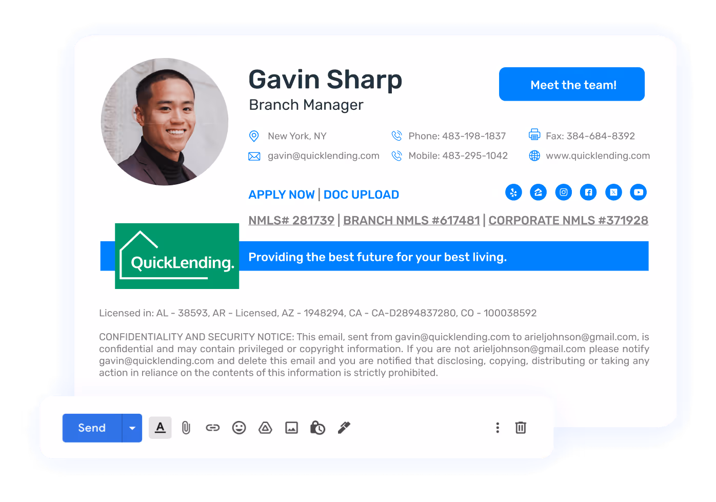 QuickLending email signature for Gavin Sharp, Branch Manager, displaying contact details, NMLS license numbers, and company branding with the tagline 'Providing the best future for your best living.'
