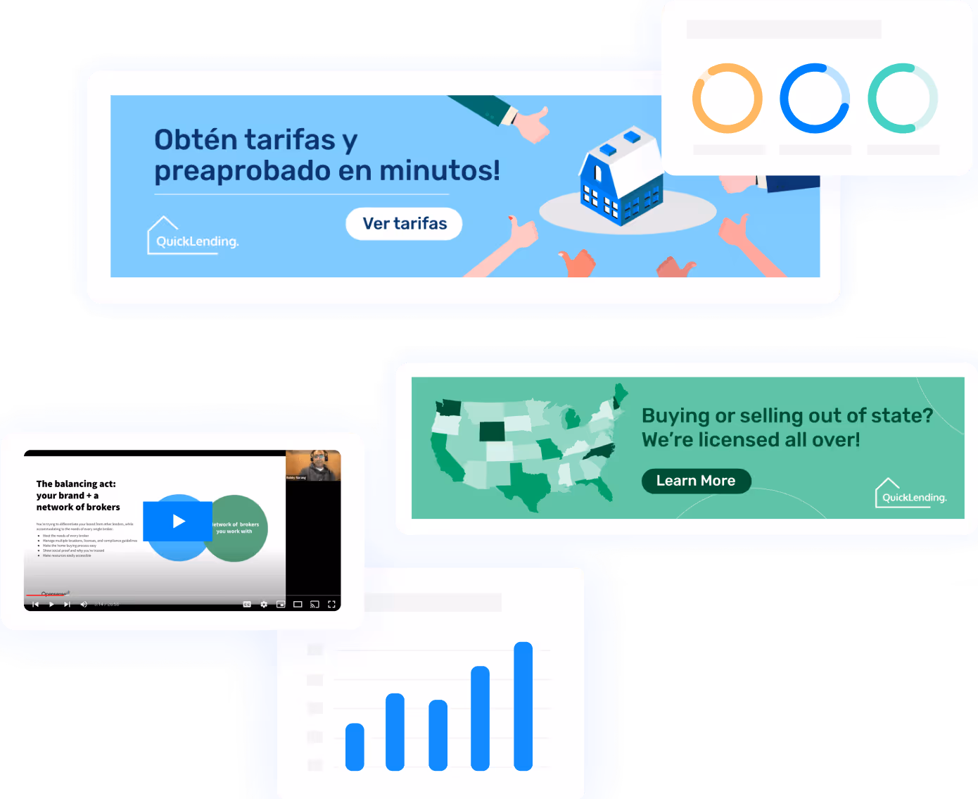 Collection of QuickLending marketing banners showing targeted Spanish and English mortgage ads, including ‘Obtén tarifas y preaprobado en minutos’ and ‘Buying or selling out of state? We’re licensed all over!’ with charts and graphs illustrating mortgage performance analytics.