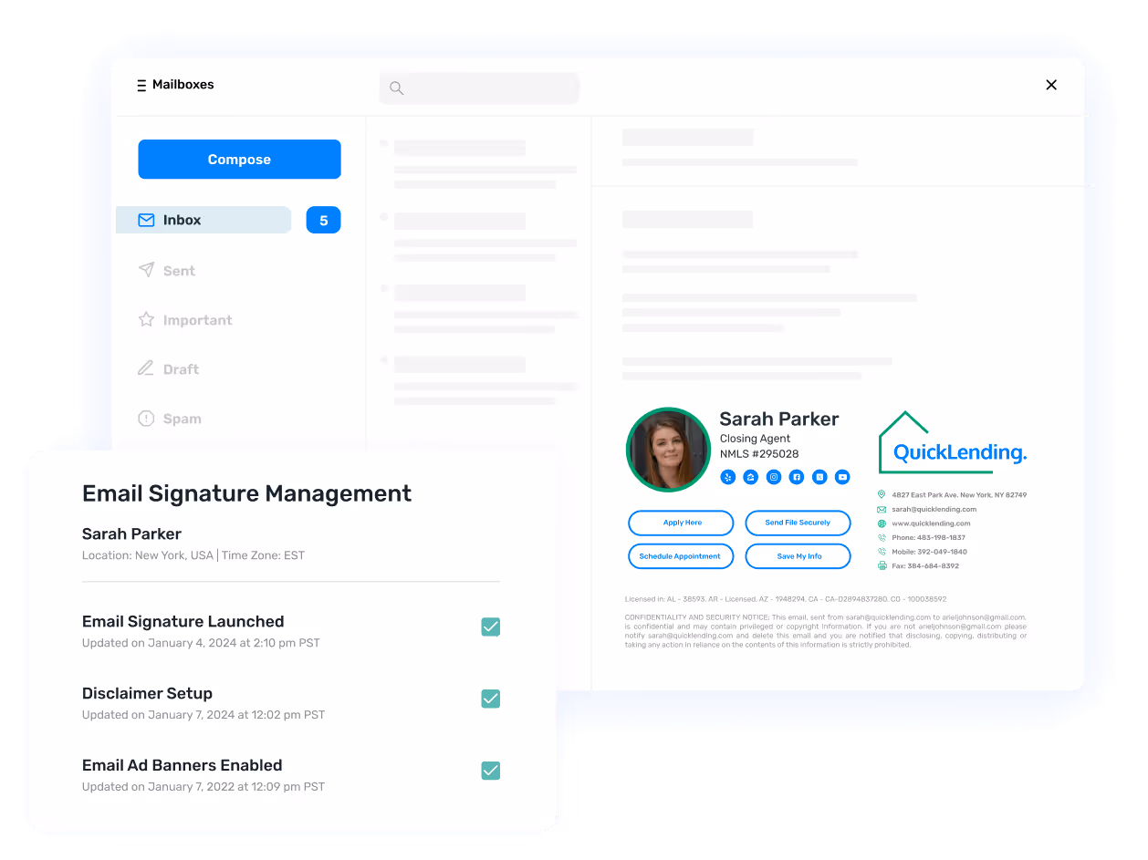 Email client showing QuickLending closing agent Sarah Parker’s professional email signature with contact details, and NMLS number. And a management dashboard confirming launched signatures, disclaimers, and ad banners setup through Opensense.