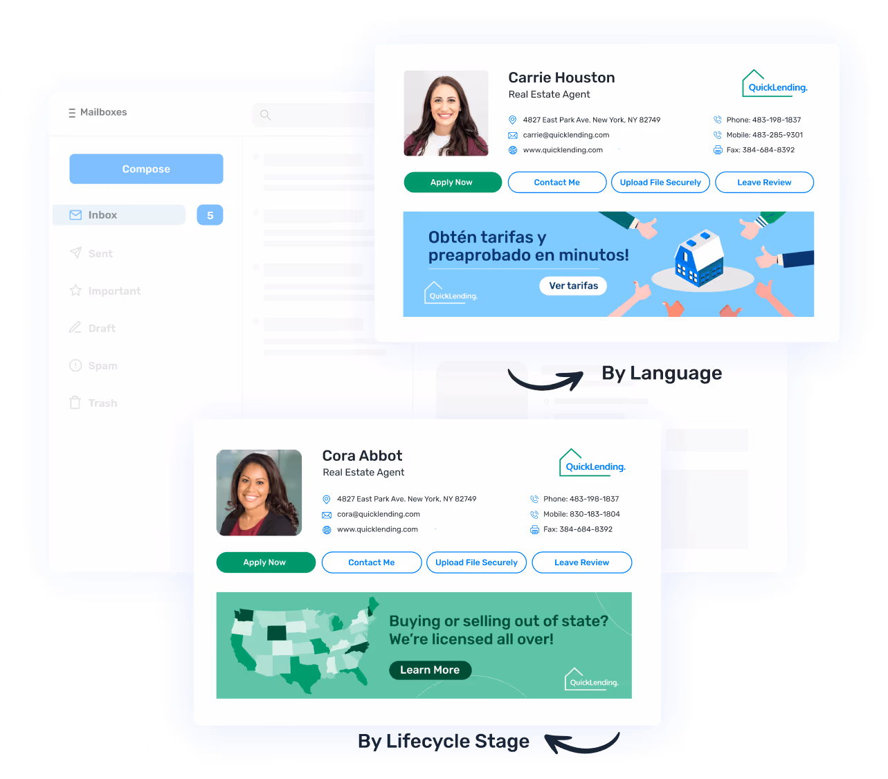 QuickLending email signature examples for real estate agents showing multilingual and lifecycle-based personalization, featuring banners for pre-approval offers and nationwide licensing.