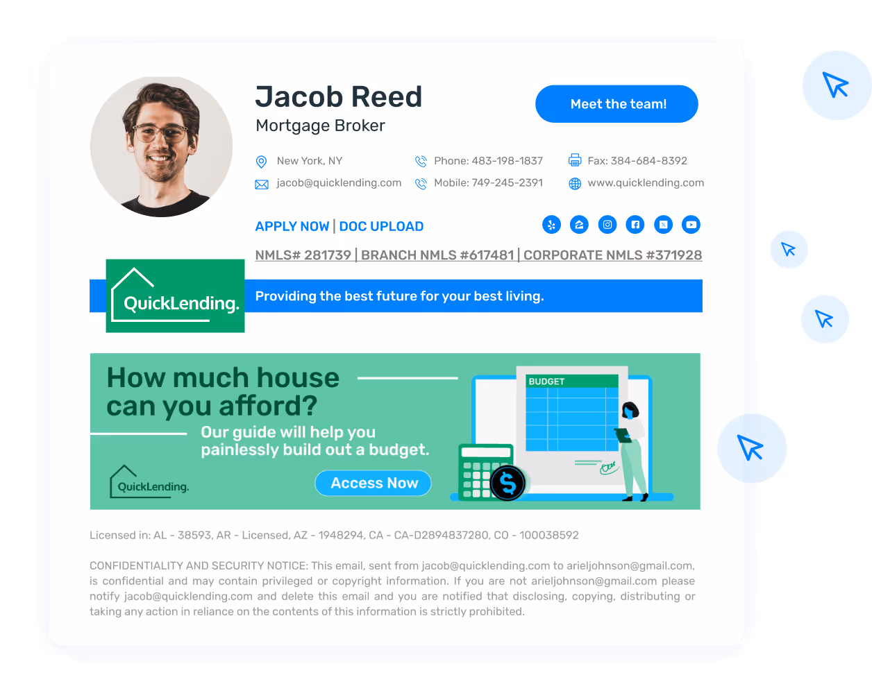QuickLending email signature for mortgage broker Jacob Reed featuring contact details, NMLS licensing, and a banner promoting a home affordability budget guide for potential homebuyers.