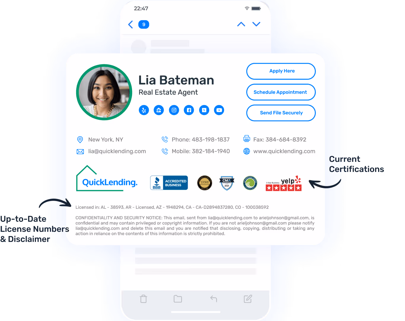 QuickLending email signature for real estate agent Lia Bateman displayed on a mobile device, showing contact details, licensing numbers, compliance disclaimer, and certifications including BBB and Yelp 5-star reviews.