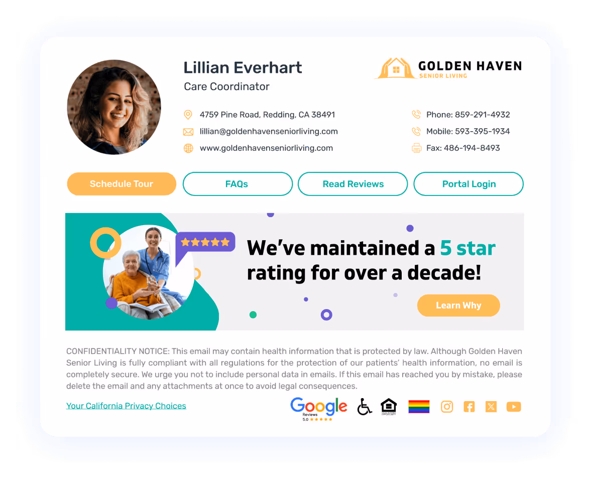 Golden Haven Senior Living email signature for Lillian Everhart, Care Coordinator, featuring contact details, brand logo, and a banner stating 'We’ve maintained a 5-star rating for over a decade!' with call-to-action buttons for scheduling tours, FAQs, and reviews.