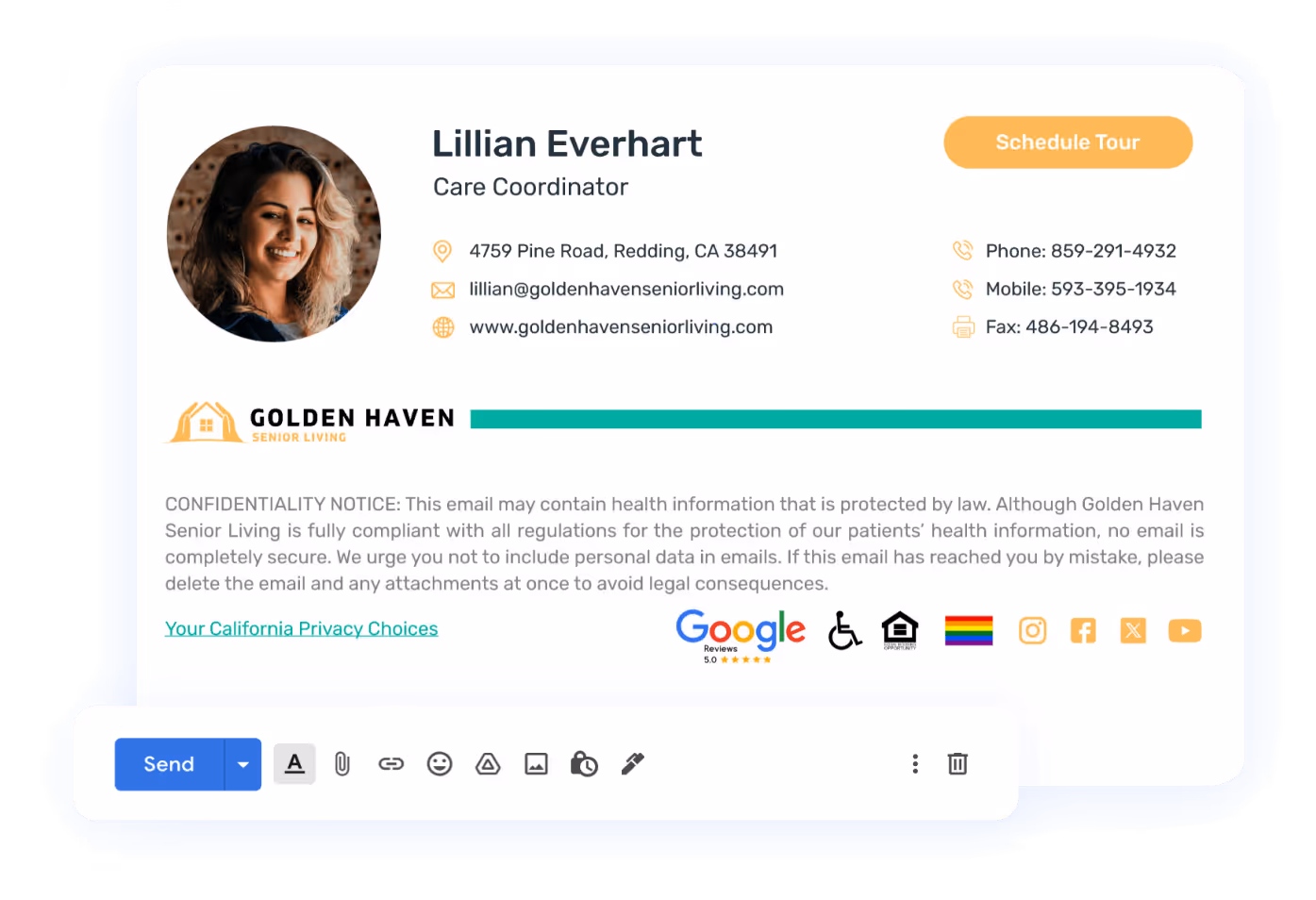 Golden Haven Senior Living email signature for Lillian Everhart, Care Coordinator, featuring headshot, contact information, company logo, and 'Schedule Tour' call-to-action button within a professional email layout.