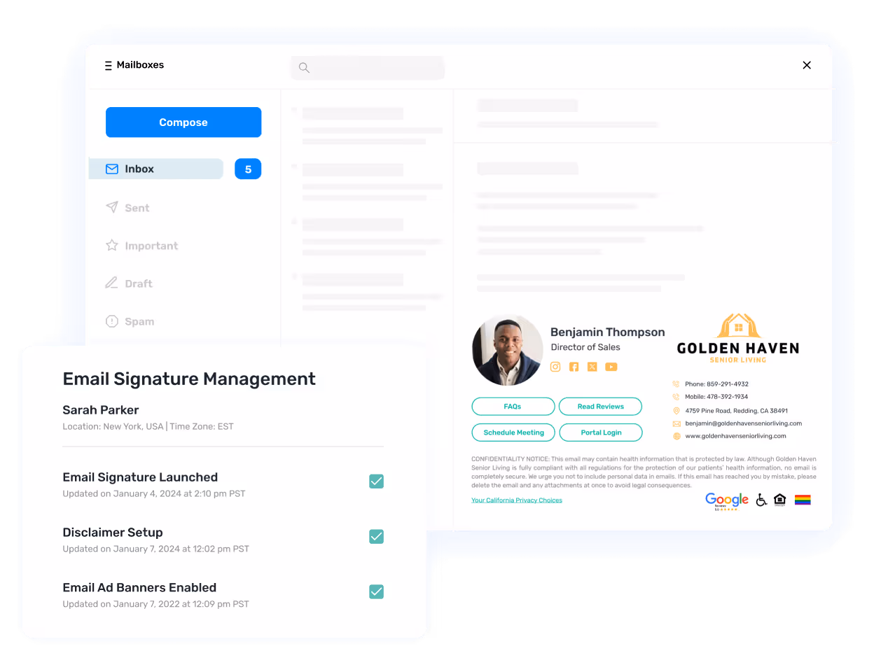Email client showing professional email signature for Benjamin Thompson, Director of Sales, at Golden Haven Senior Living, alongside an Email Signature And a management dashboard confirming launched signatures, disclaimers, and ad banners setup through Opensense.