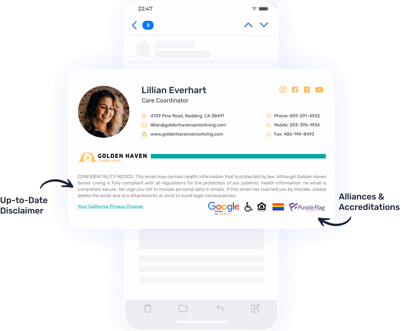 Golden Haven Senior Living mobile email signature for Lillian Everhart, Care Coordinator, featuring headshot, contact info, social icons, up-to-date HIPAA disclaimer, and alliance badges, and Google Reviews.