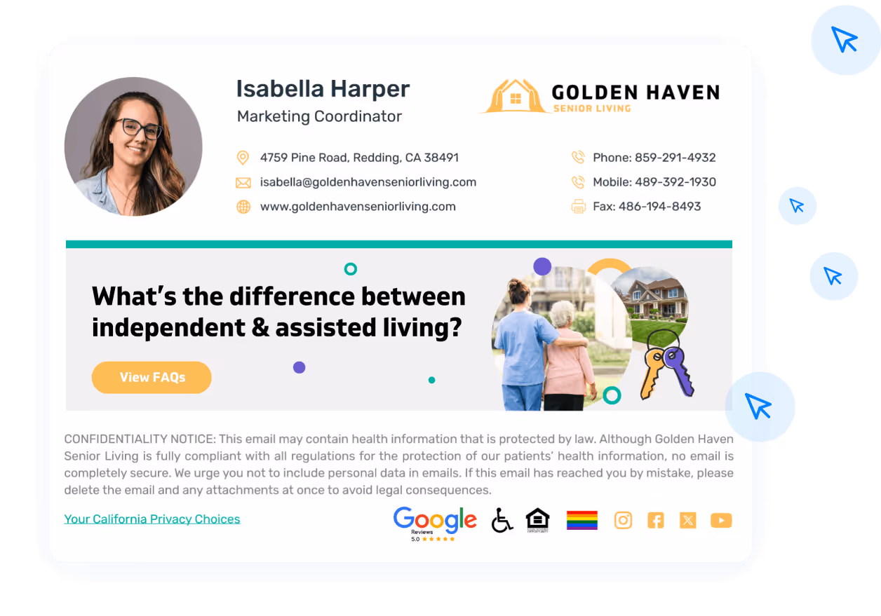 Golden Haven Senior Living email signature for Isabella Harper, Marketing Coordinator, featuring contact details, company logo, and a banner asking 'What’s the difference between independent and assisted living?' with a View FAQs button and healthcare disclaimer.