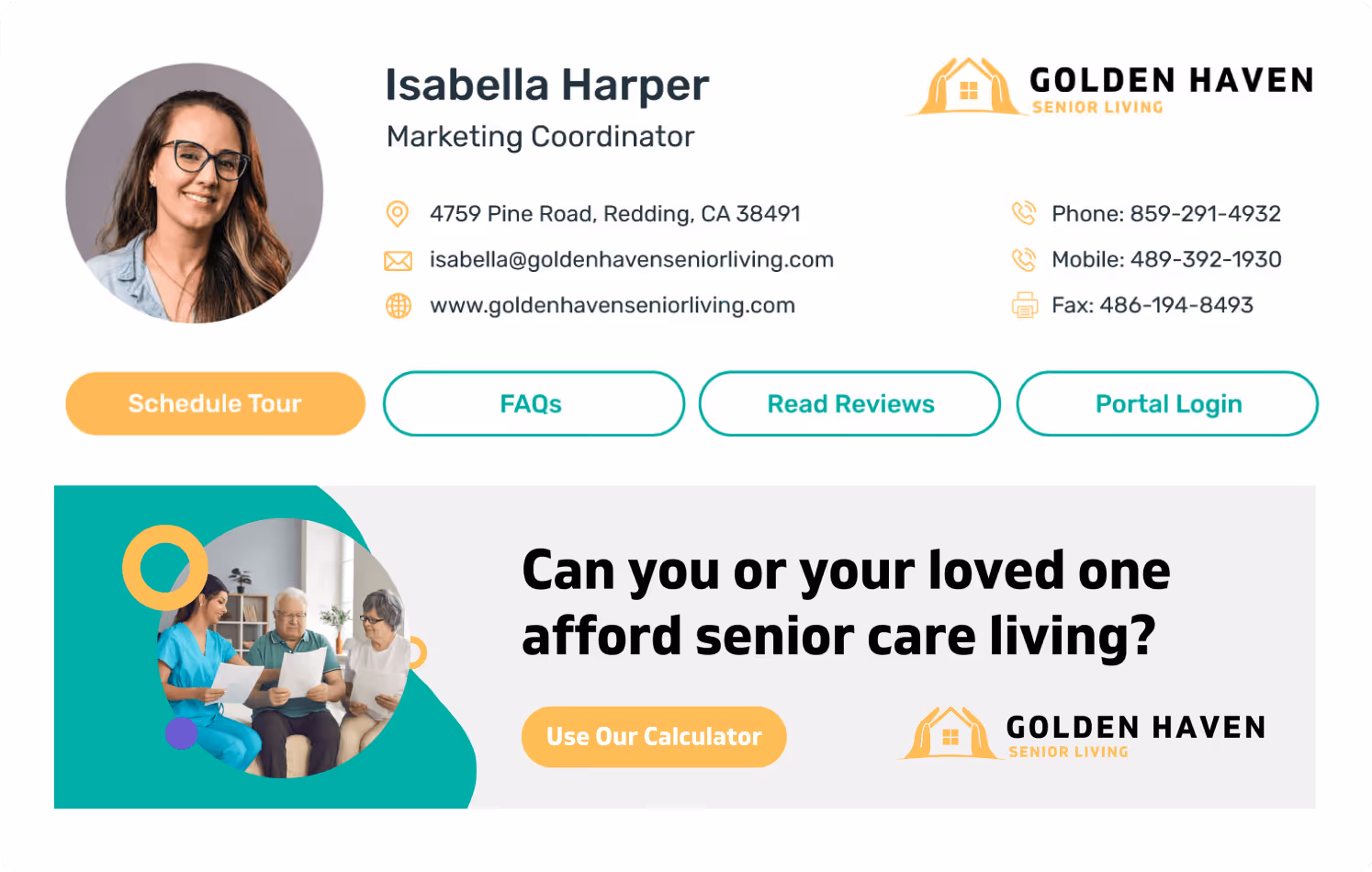 Golden Haven Senior Living email signature for Isabella Harper, Marketing Coordinator, featuring contact details, company logo, and an awareness stage banner asking ‘Can you or your loved one afford senior care living?’ with a button to use the cost calculator.