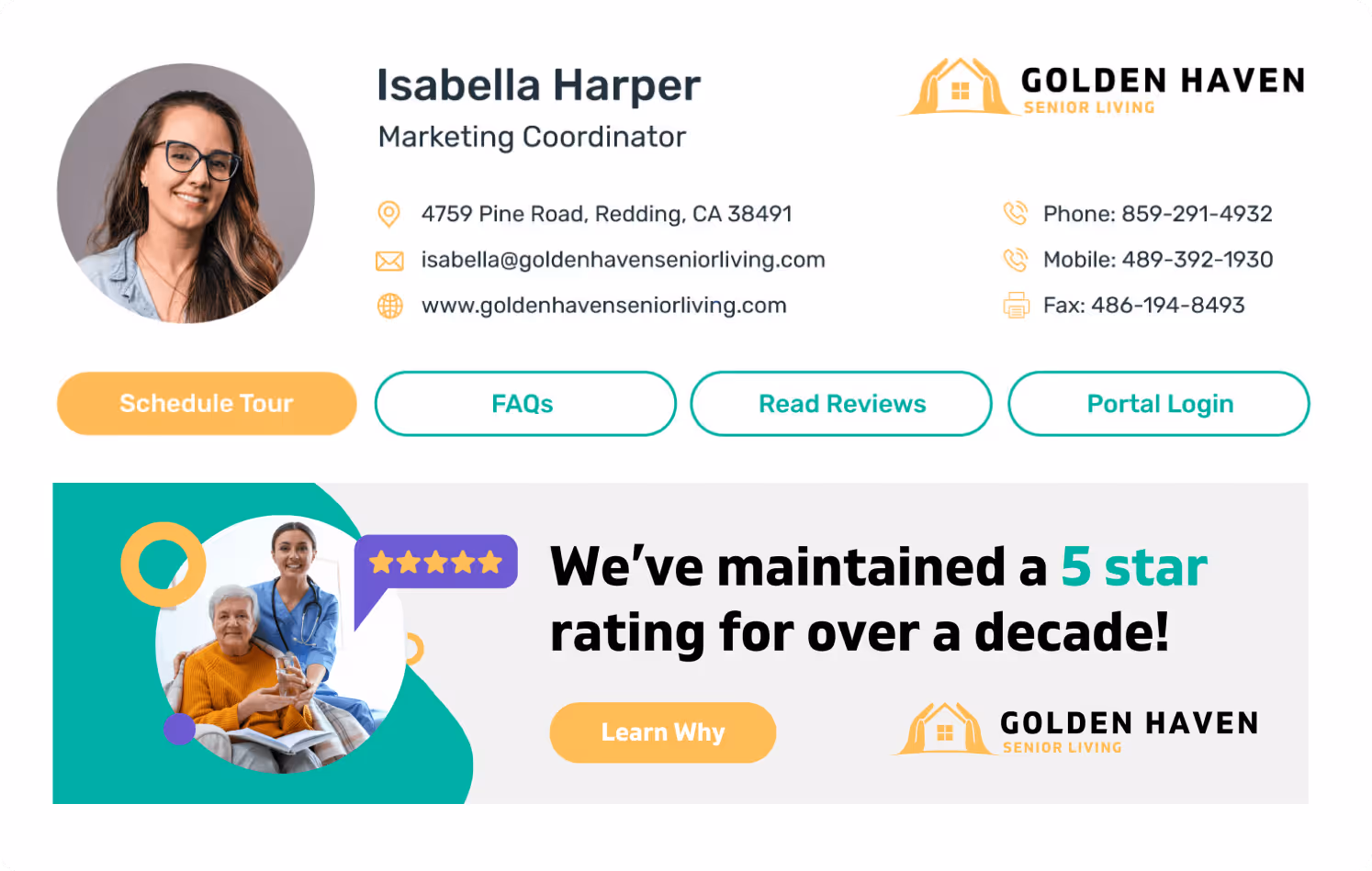 Golden Haven Senior Living email signature for Isabella Harper, Marketing Coordinator, with contact information, company logo, and a consideration stage banner highlighting a 5-star rating maintained for over a decade, encouraging users to learn more.