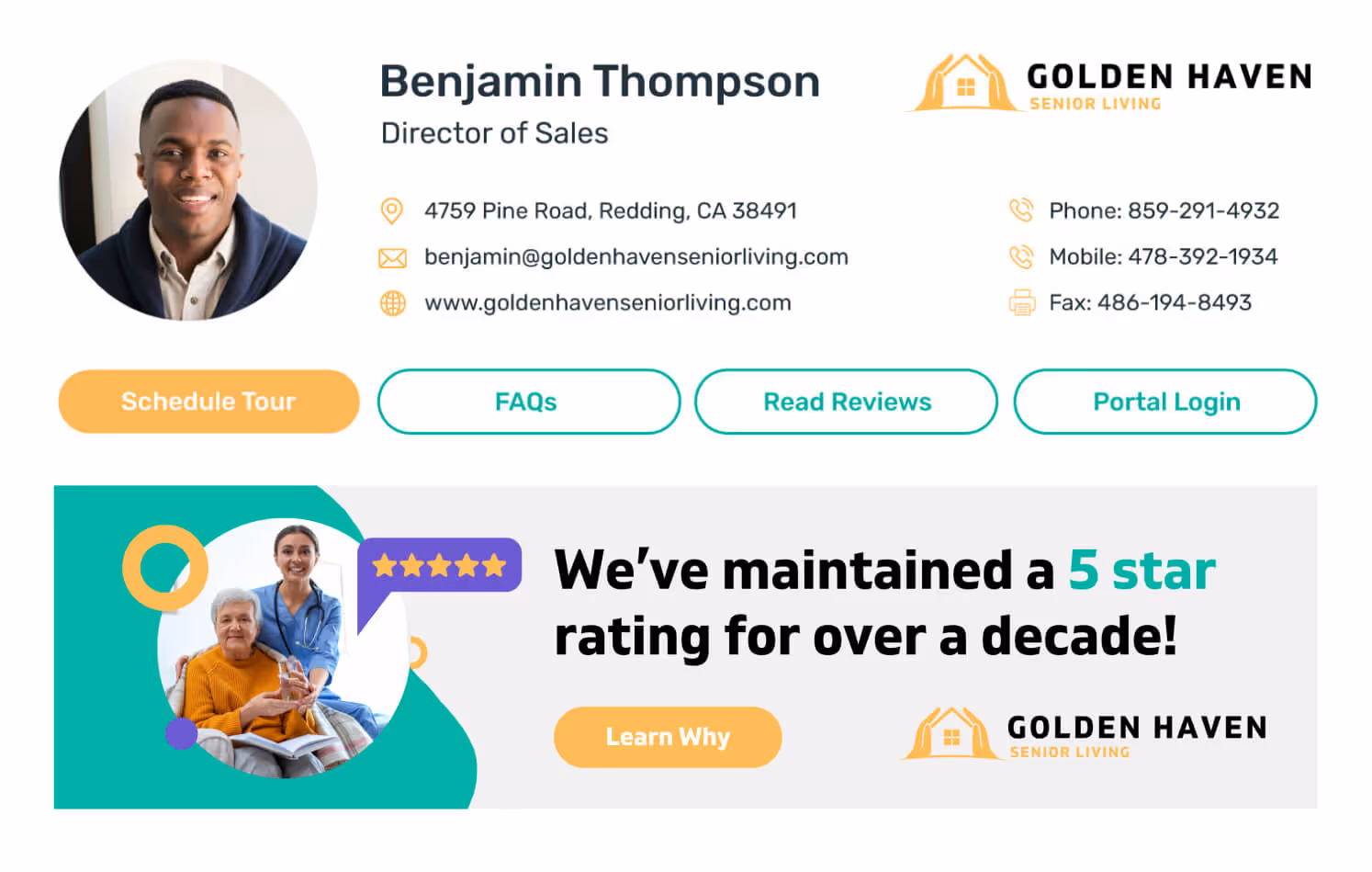 Golden Haven Senior Living email signature for Benjamin Thompson, Director of Sales, featuring contact details, company logo, and a decision stage banner highlighting the community’s 5-star senior living rating maintained for over a decade.