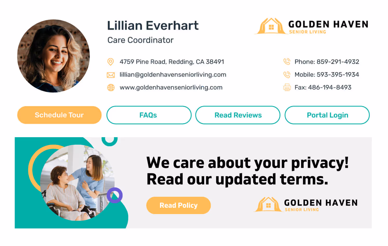 Golden Haven Senior Living email signature for Lillian Everhart, Care Coordinator, displaying contact information, company logo, and a customer stage banner message about updated privacy terms with a button to read the policy.