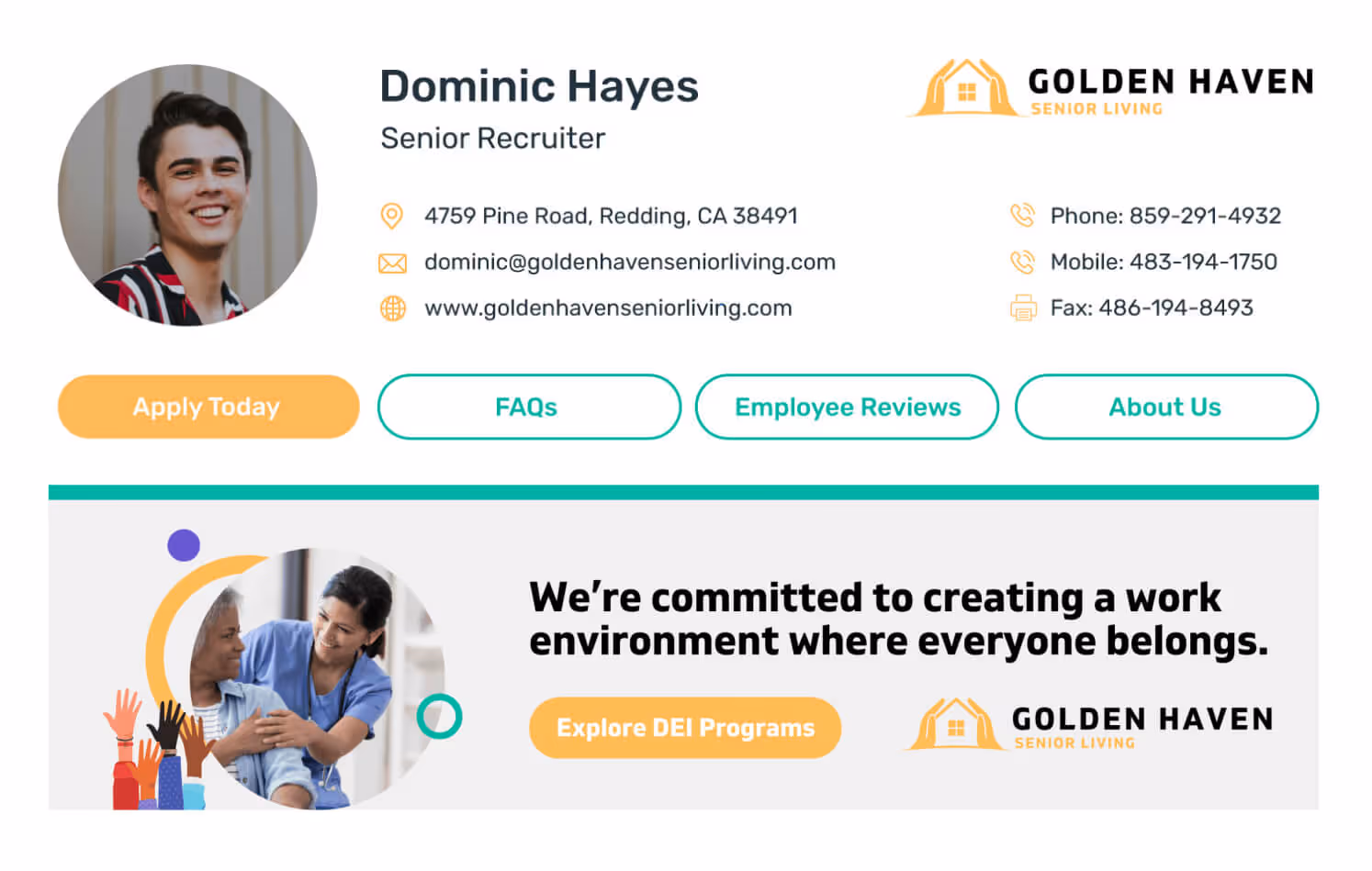 Golden Haven Senior Living email signature for Dominic Hayes, Senior Recruiter, featuring contact details, company logo, and a talent acquisition targeted banner promoting diversity, equity, and inclusion (DEI) programs with a call to explore employee initiatives.