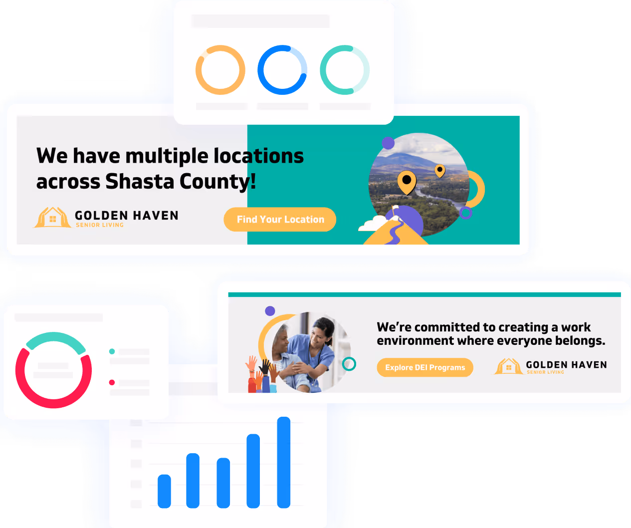 Golden Haven Senior Living promotional email banners highlighting multiple senior living locations across Shasta County and the company’s commitment to diversity, equity, and inclusion programs.