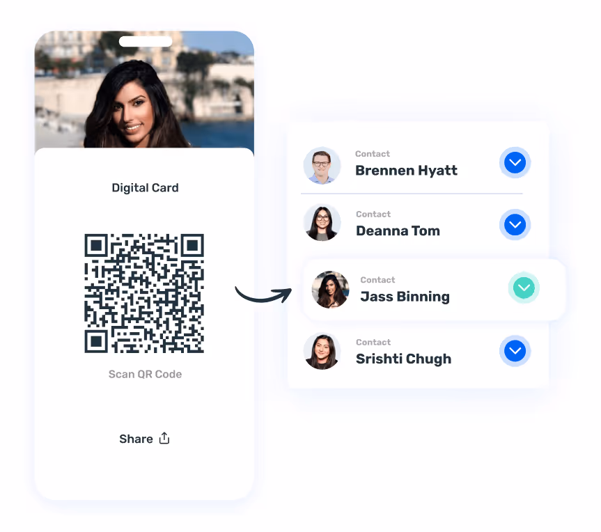 Opensense digital business card with QR code that saves contact details directly to mobile, showing contacts Brennen Hyatt, Deanna Tom, Jass Binning, and Srishti Chugh