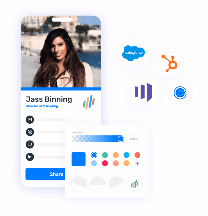 Opensense digital business card for Jass Binning, Director of Marketing, with customizable design options and integrations with Salesforce, HubSpot, Marketo, and Calendly