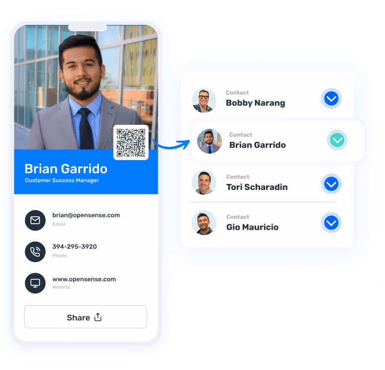 Opensense digital business card for Brian Garrido, Customer Success Manager, with QR code, contact details, and integration to save contacts