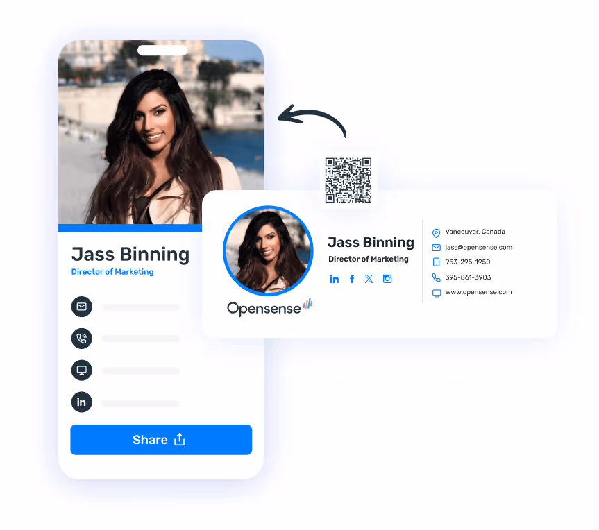Opensense email signature and digital business card for Jass Binning, Director of Marketing, with contact details, social media links, QR code, and share options
