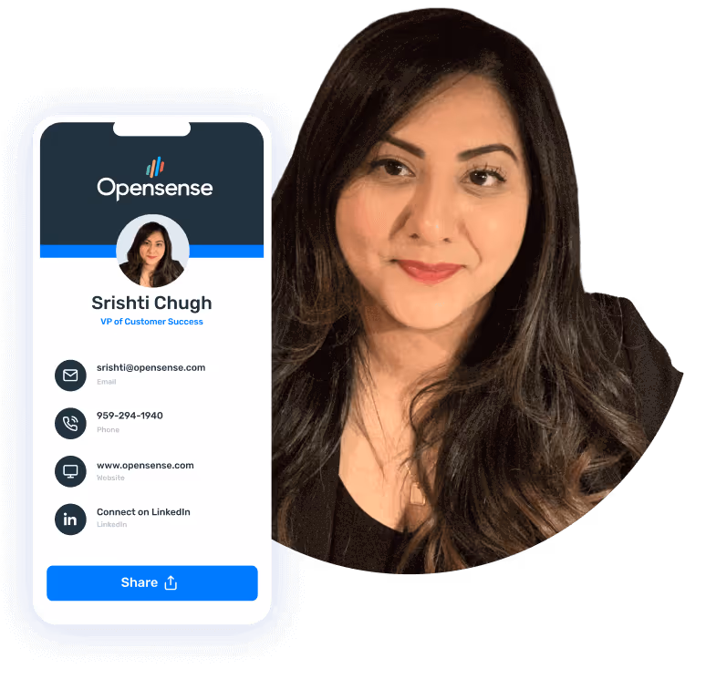 Opensense digital business card for Srishti Chugh, VP of Customer Success, showing email, phone, website, and LinkedIn contact details alongside her professional photo