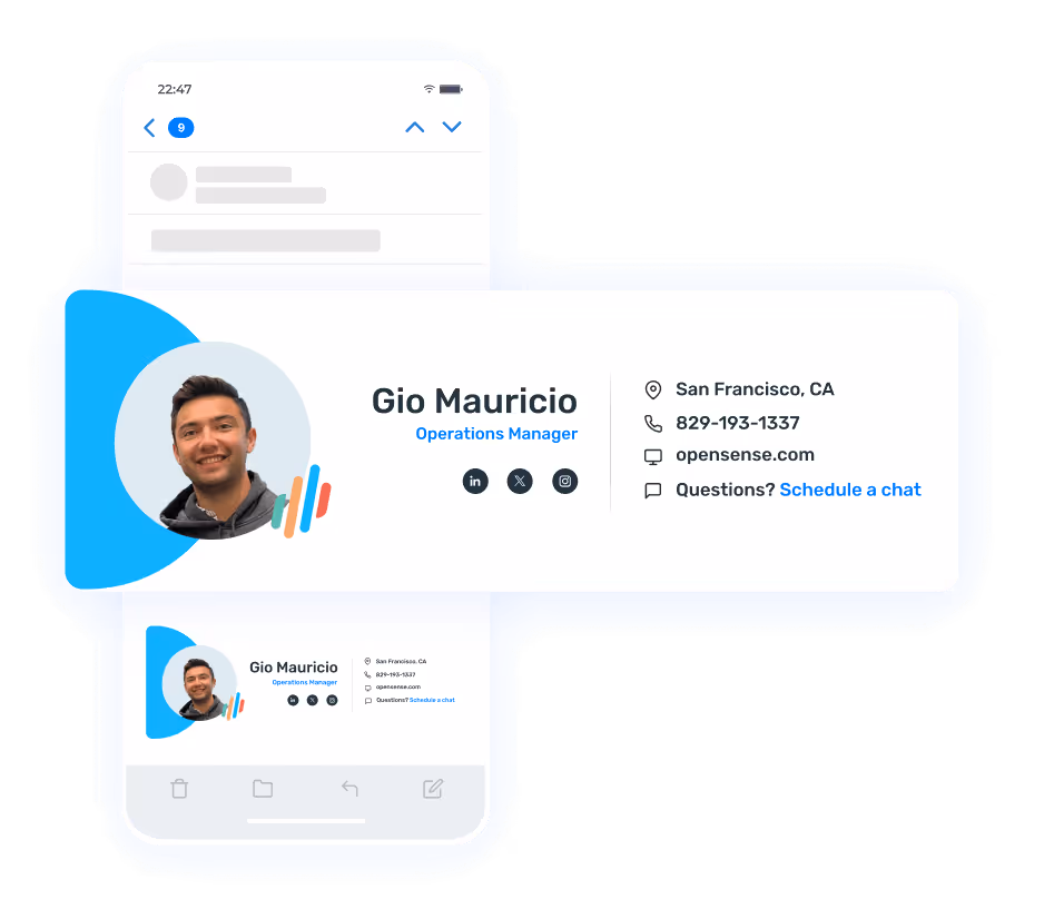 Mobile phone displaying a professional email signature with photo, contact details, and social media icons, demonstrating branded email signatures for consistent company communication.