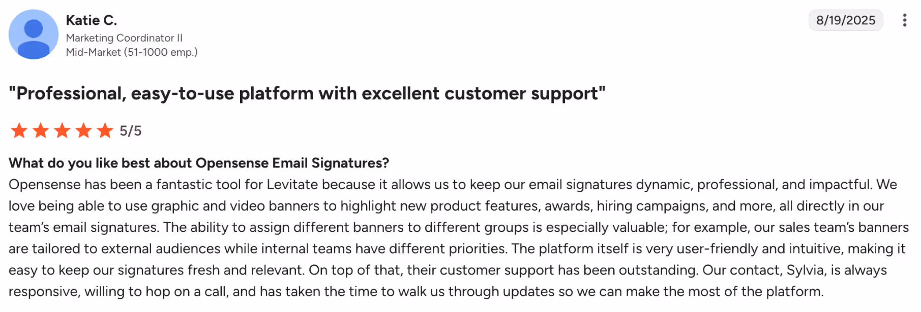 A 5 star G2 review from an Opensense customer stating, "Professional, easy-to-use platform with excellent customer support."