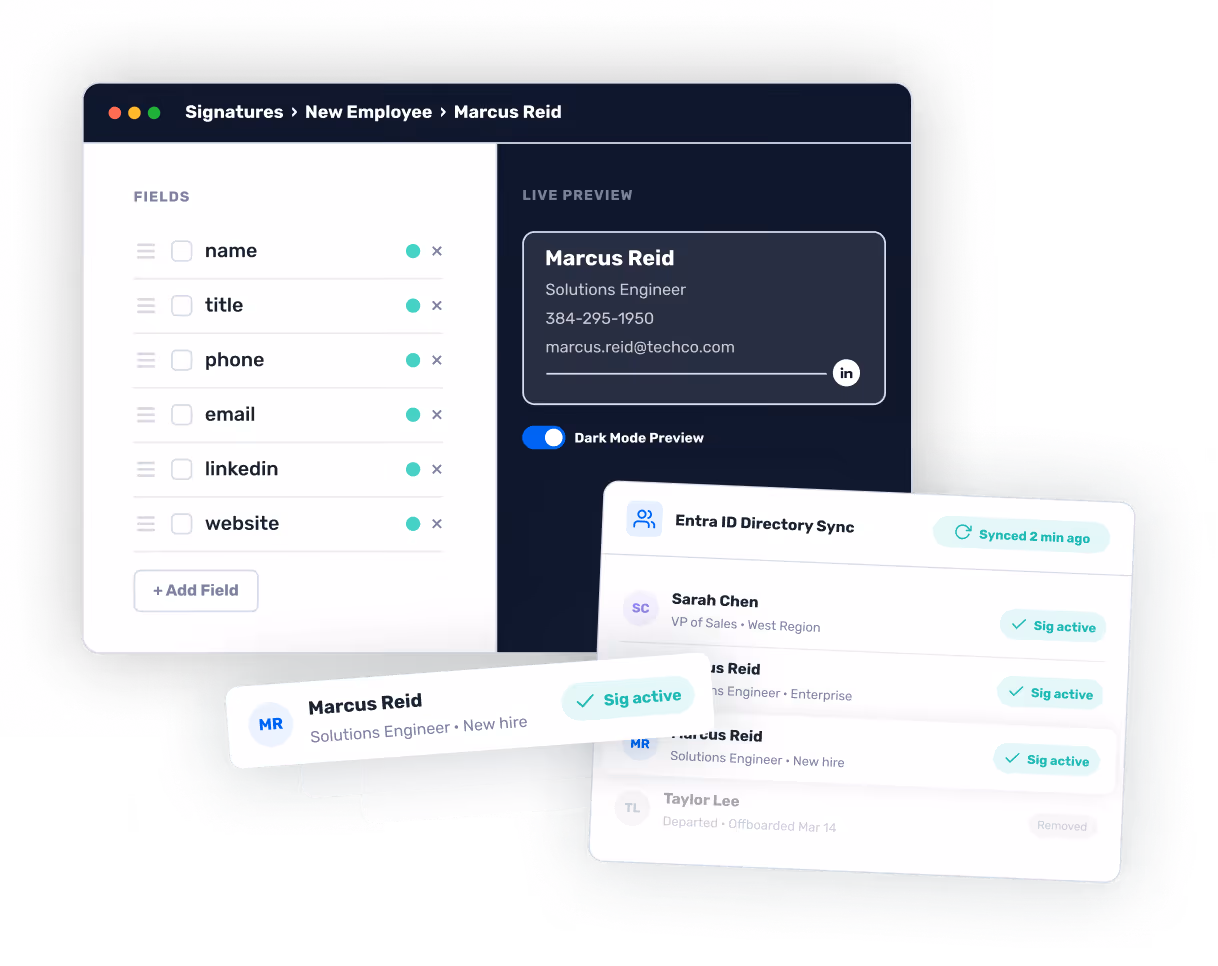 Opensense Microsoft Entra ID directory sync showing 1,247 employees with active signatures, new hire onboarding, and automatic offboarding