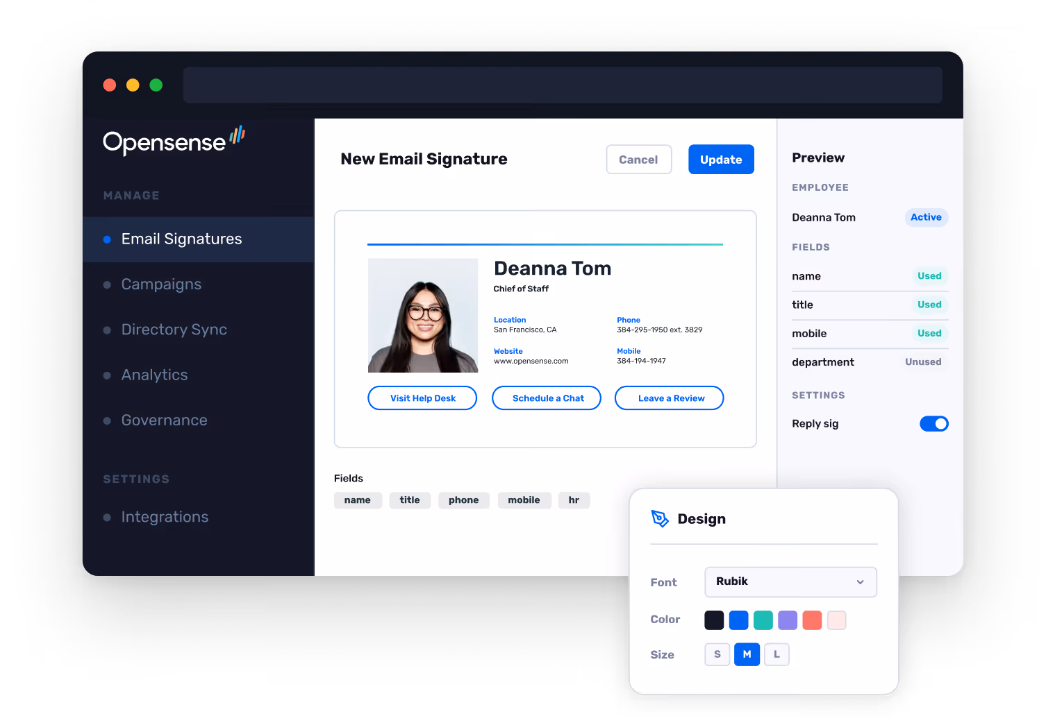 Opensense email signature software template editor showing design controls, employee field mapping, and branded signature preview