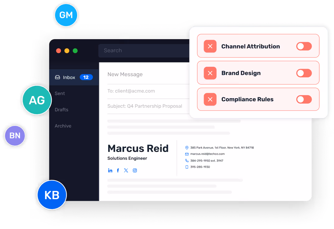 Gmail compose window showing unmanaged email signature with channel attribution, brand design, and compliance rules inactive — illustrating the governance gap Opensense solves for Google Workspace