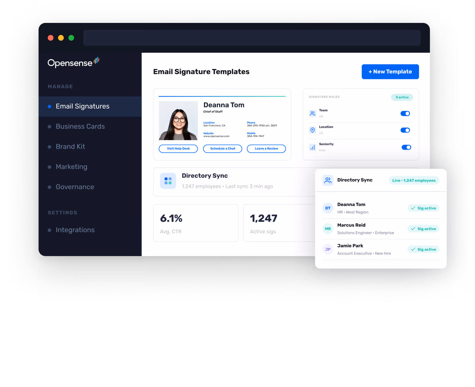 Opensense email signature software admin dashboard showing email signature templates, active signature rules, and live Entra ID directory sync for 1,247 employees