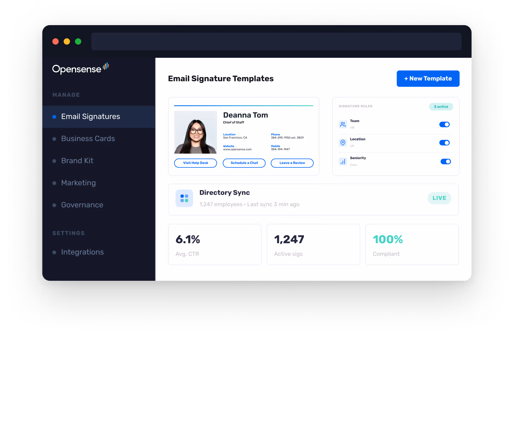 Opensense email signature software dashboard showing 6.1% average CTR, 1,247 active signatures, 100% compliance rate, and email signature rules