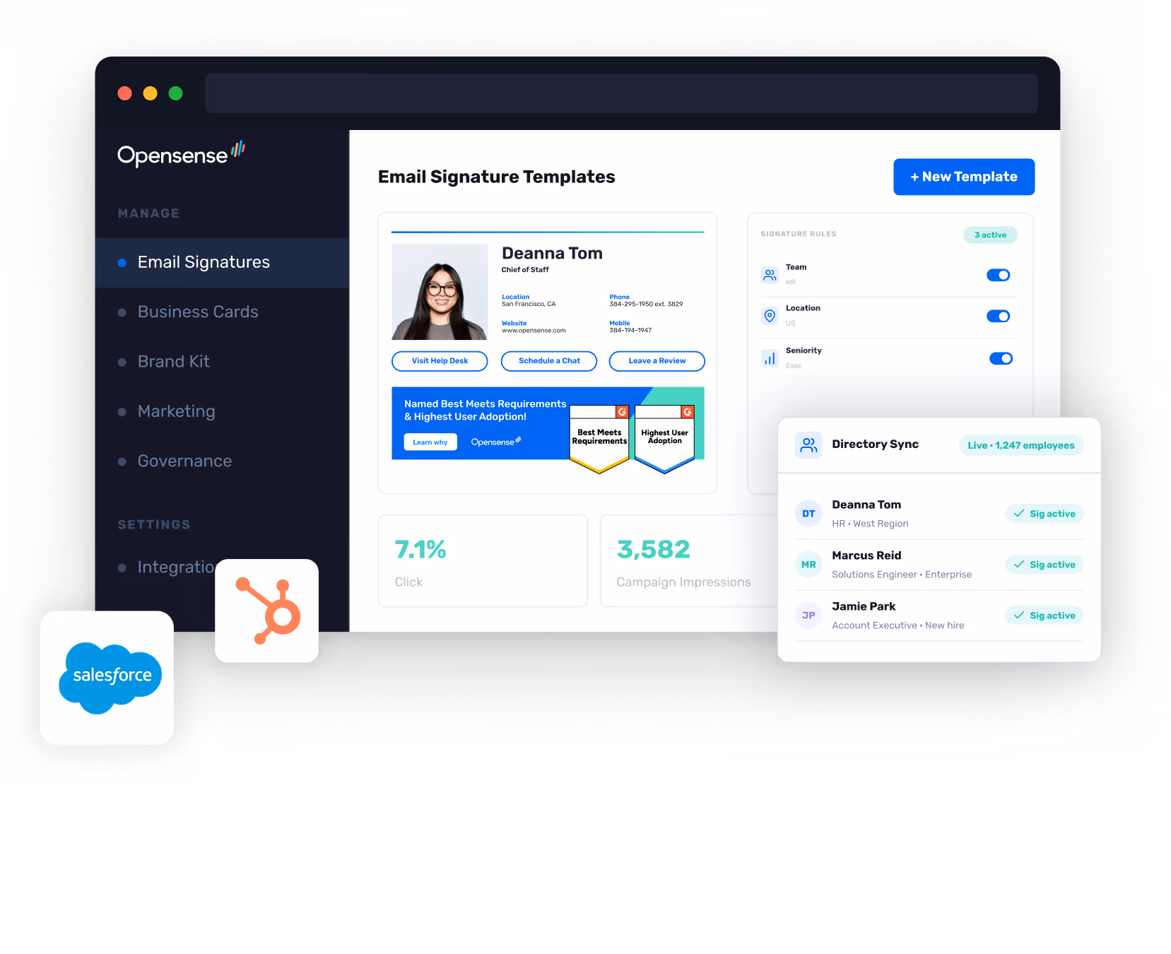 Opensense email signature software showing banner campaign analytics with 7.1% click through rate and 3,582 campaign impressions