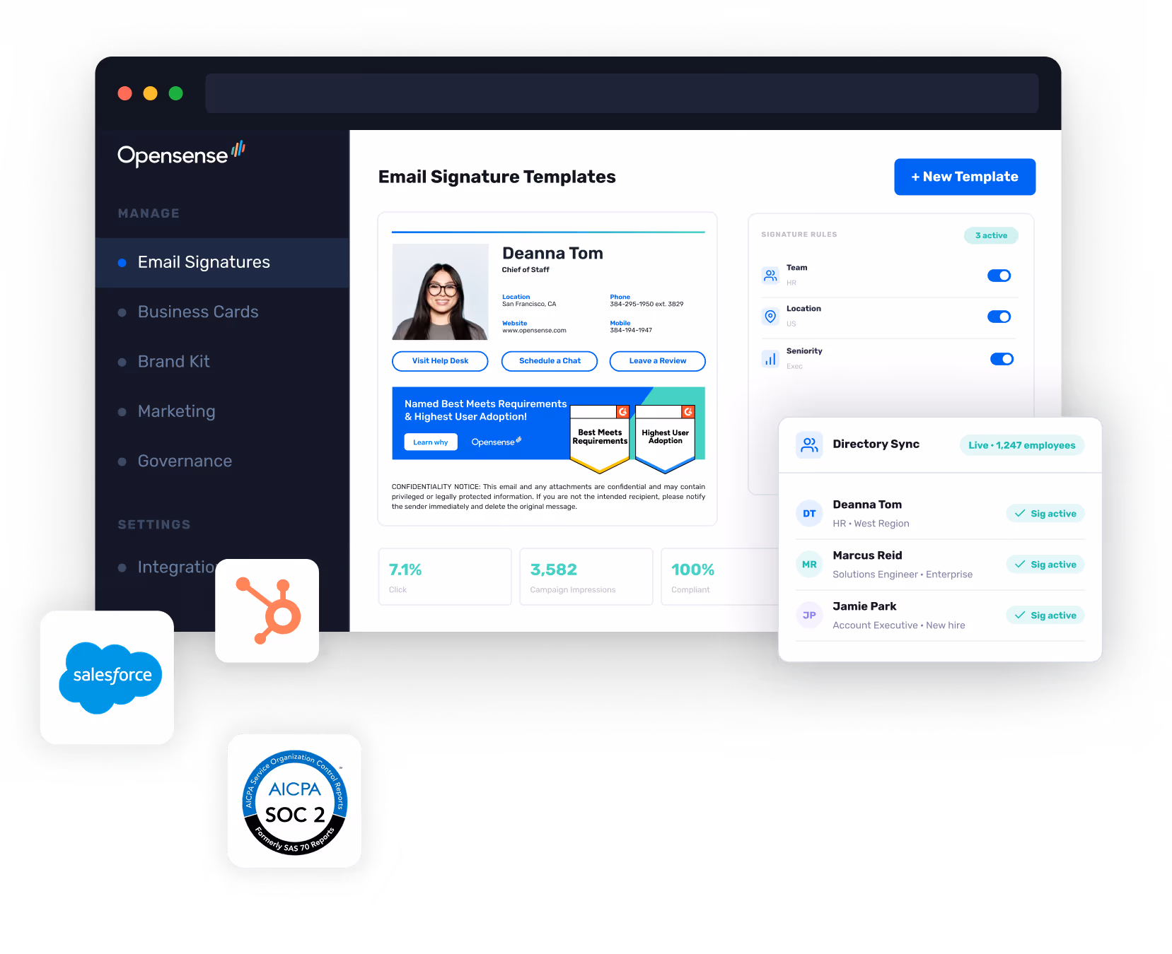 Opensense email signature software with SOC 2 Type II AICPA certification badge alongside Salesforce and HubSpot CRM integration and campaign analytics