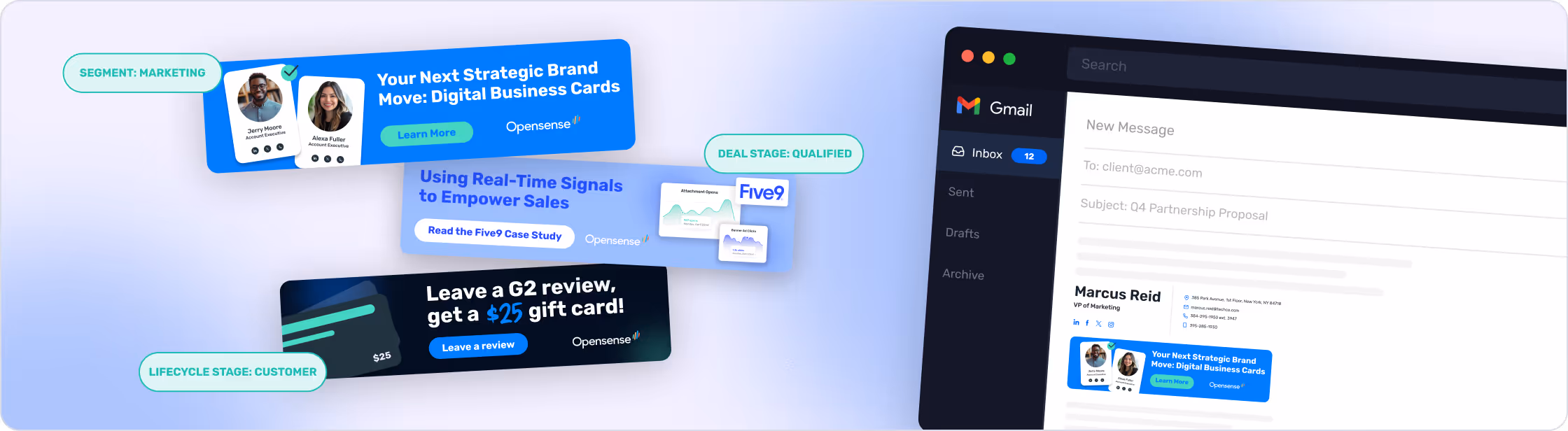 Opensense Google Workspace email signature banner campaigns showing CRM-triggered creative by segment, deal stage, and lifecycle status displayed inside Gmail compose window