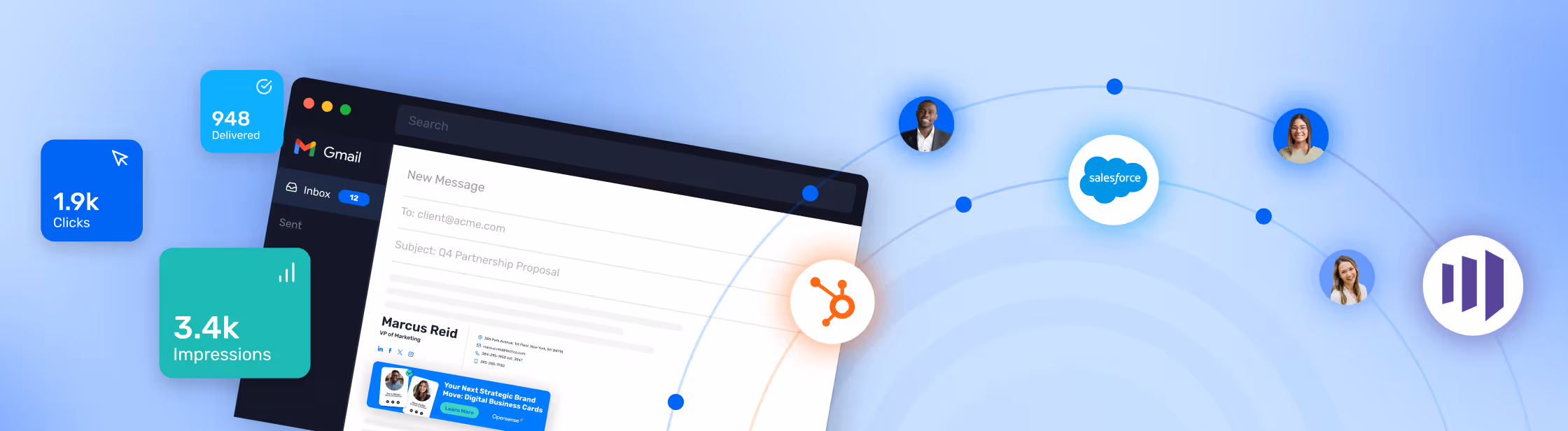 Opensense Google Workspace email signature campaign analytics showing 1.9k clicks and 3.4k impressions alongside HubSpot, Salesforce, and Marketo CRM integration connections