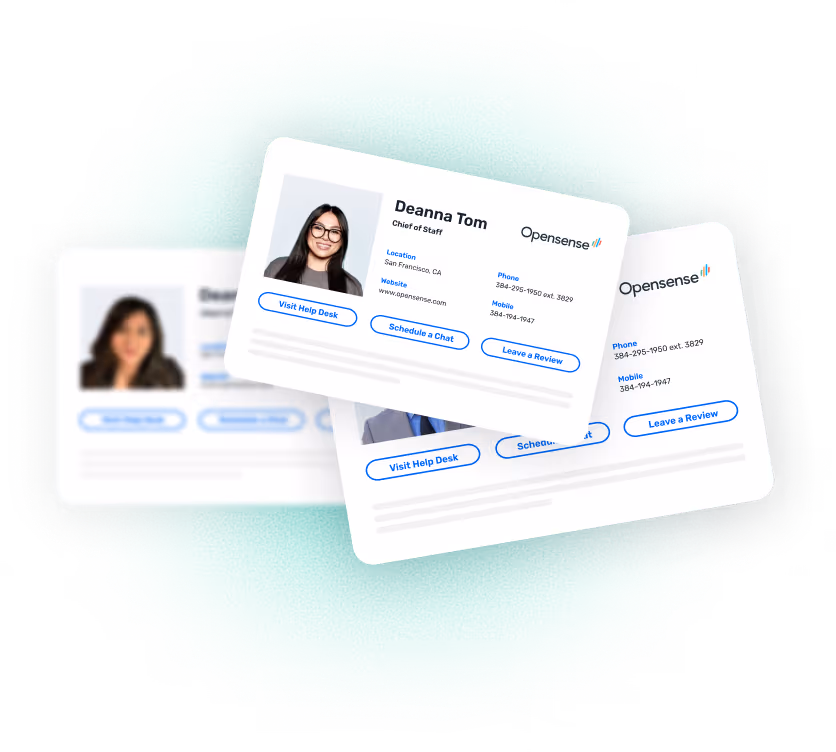Opensense Google Workspace branded email signatures showing consistent employee signature design with photo, title, contact details, and CTA buttons across multiple employees