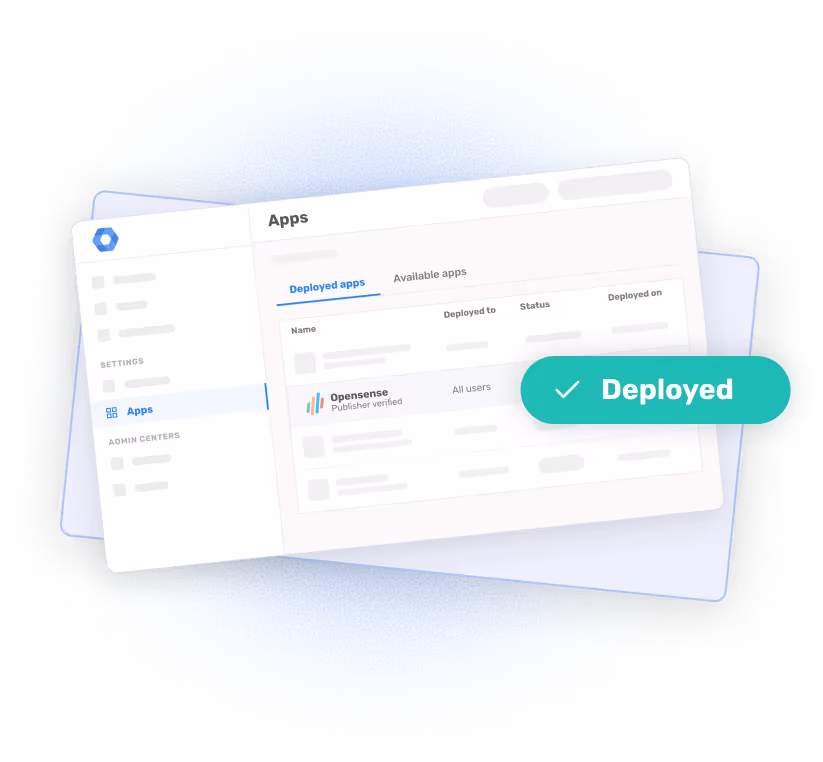 Opensense deployed as a Google Workspace app showing publisher verified status and all-user deployment confirmed in the Google Workspace Admin console