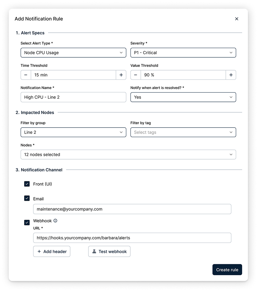 Add Notification Rule form in Barbara Panel, with alert type, severity, thresholds, impacted nodes and notification channels (UI, email and webhook)
