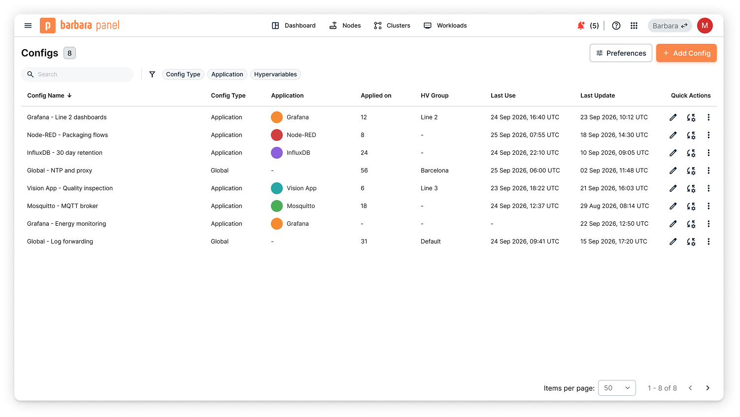 Config Repository in Barbara Panel, listing every company configuration with its type, application, number of nodes using it and last update