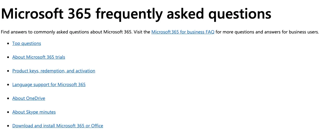 Microsoft FAQ page