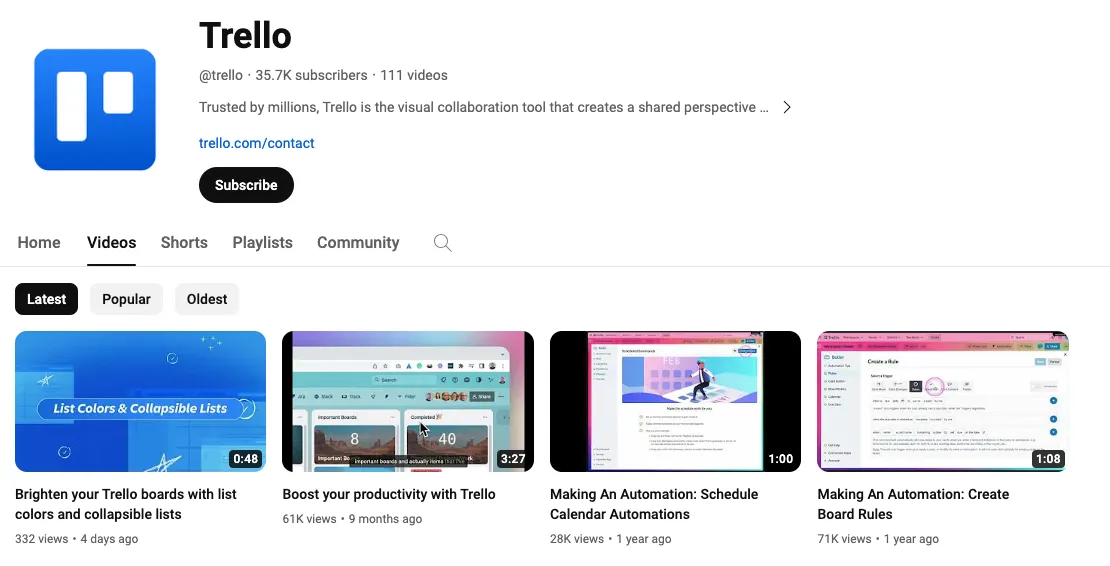 Trello Youtube channel content marketing