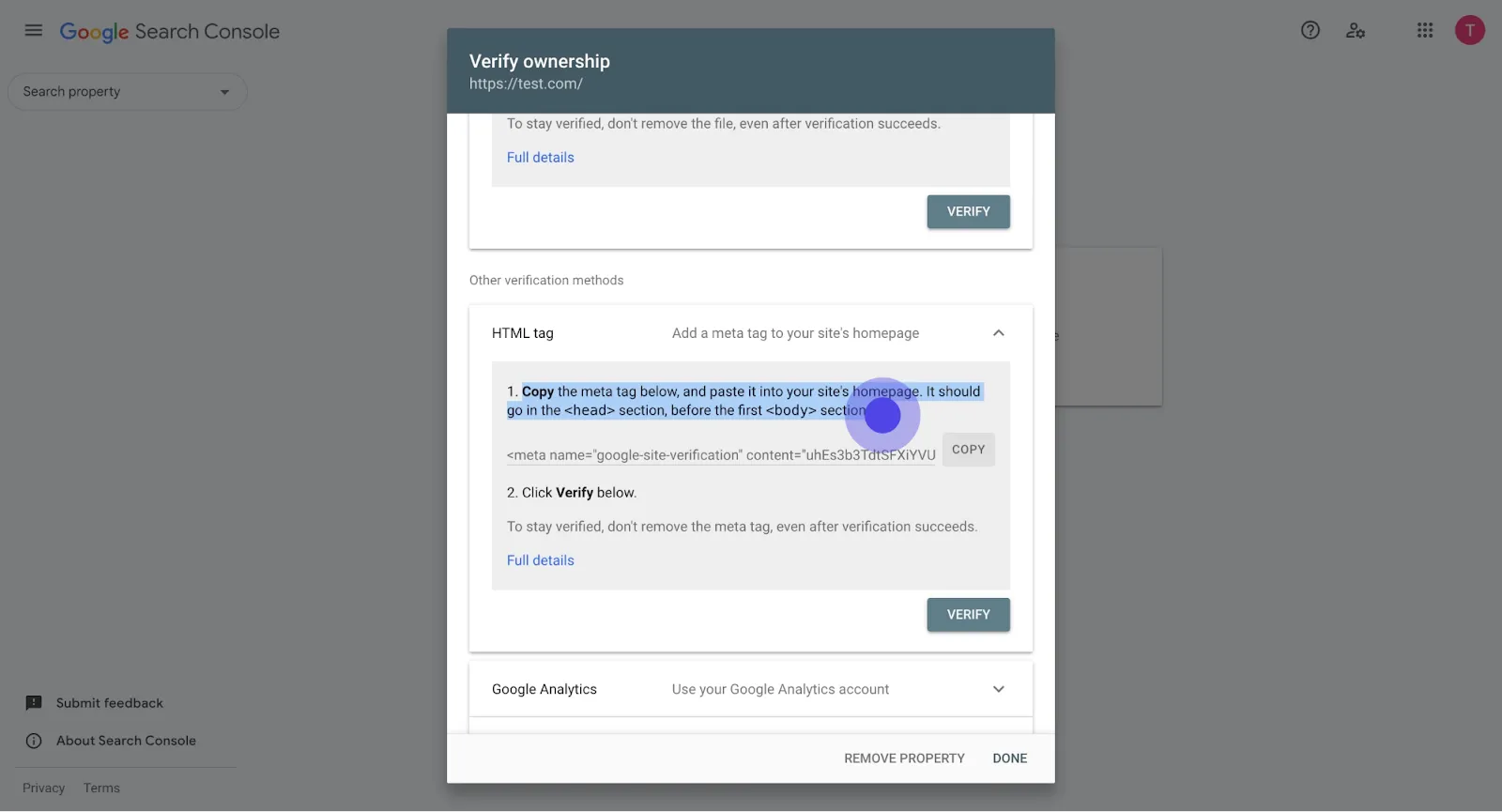 6 Now, click on "1. the meta tag below, and paste it into your site's homepag...".