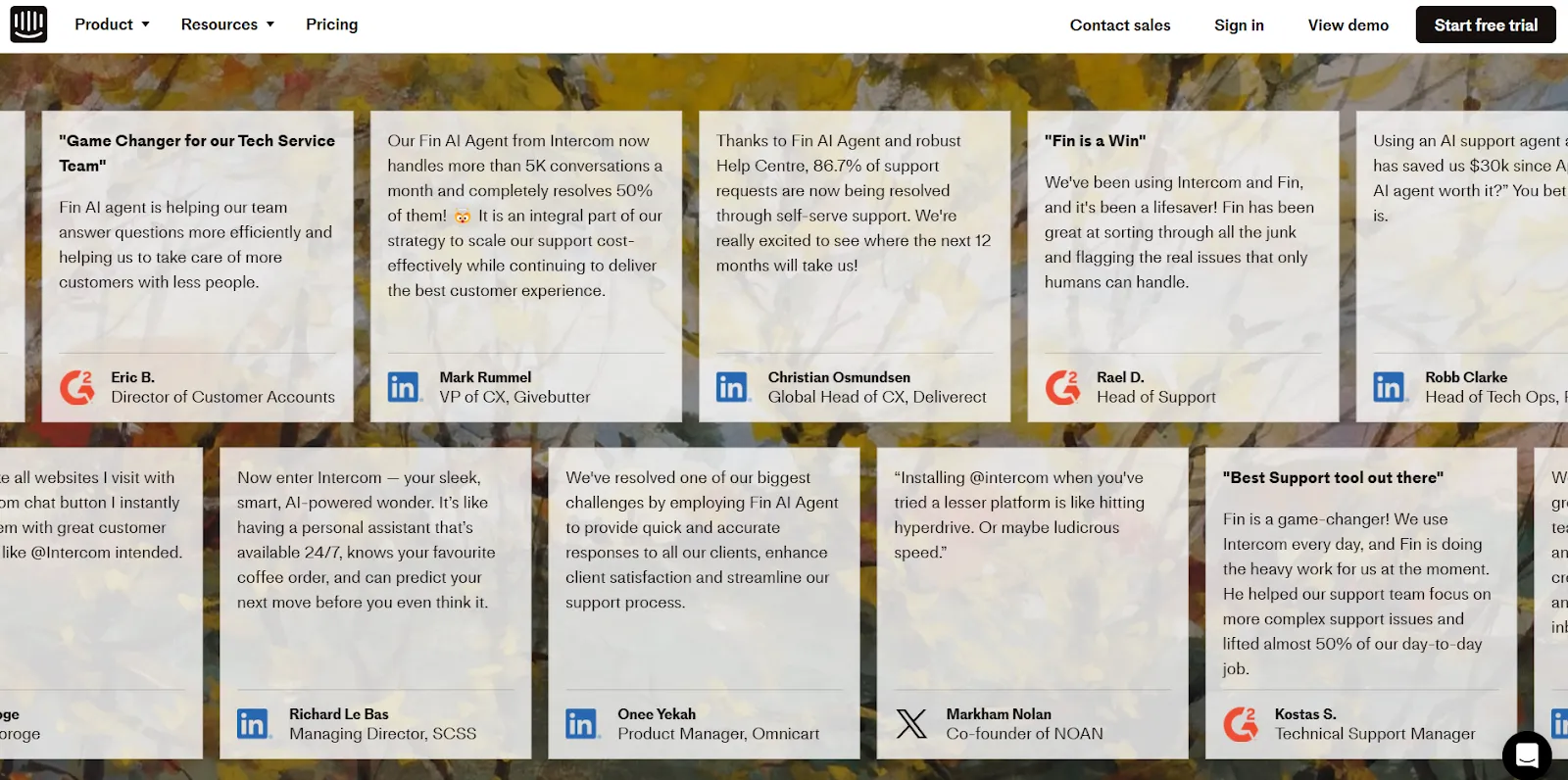 Customer testimonials on Intercom’s website